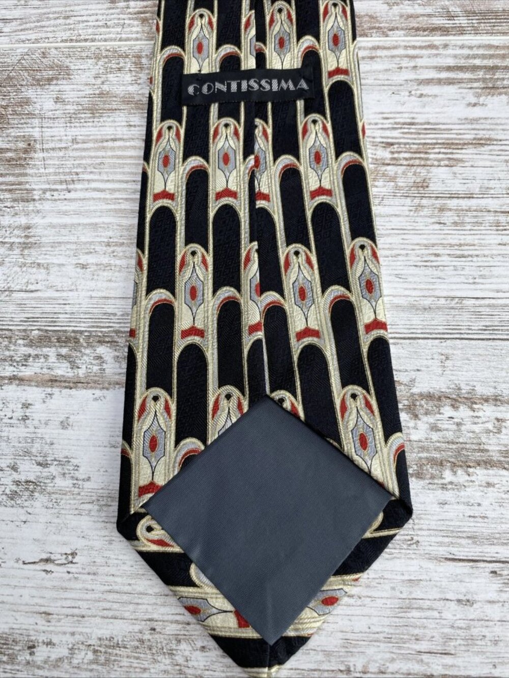 Contissima X-Long Silk Tie Art Deco Geometric Black Gold Red 64” Handmade - Picture 4 of 5
